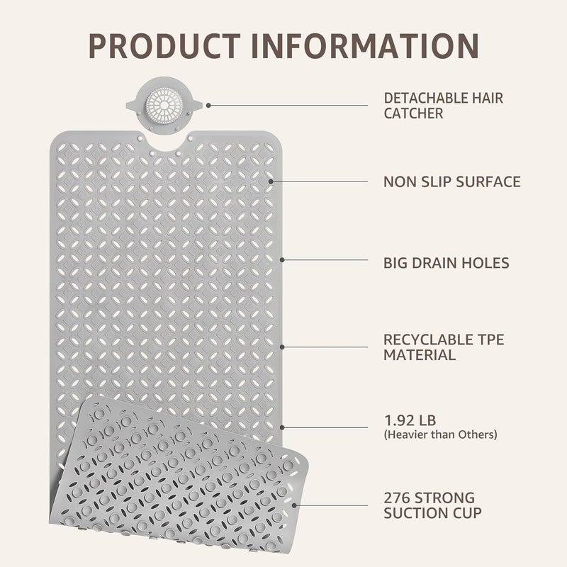 OTHWAY Bath Mat for Tub Non Slip: 39" X 17" Long Bathtub Mat with Hair Catcher│Big Drain Holes Shower Mats for Inside Shower│Machine Washable (Grey) - Image 4